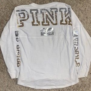 PINK White Sweater Gold/Silver Lettering